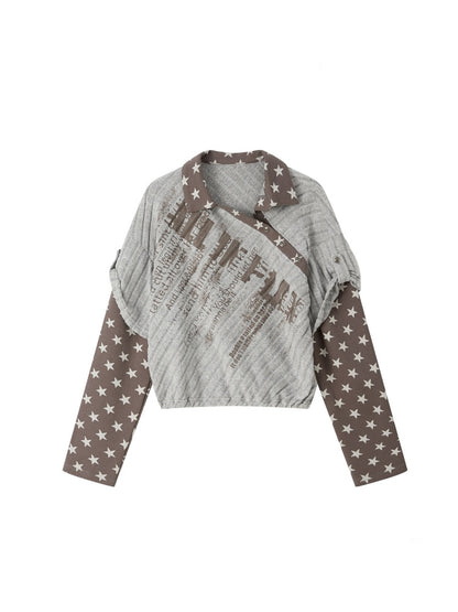 Asymmetrical Star Patchwork Fake Two-Piece Long-Sleeve T-Shirt【s0000018588】