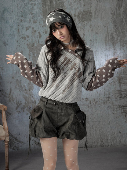 Asymmetrical Star Patchwork Fake Two-Piece Long-Sleeve T-Shirt【s0000018588】