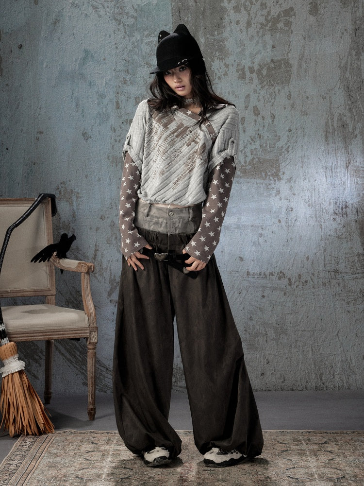 Asymmetrical Star Patchwork Fake Two-Piece Long-Sleeve T-Shirt【s0000018588】