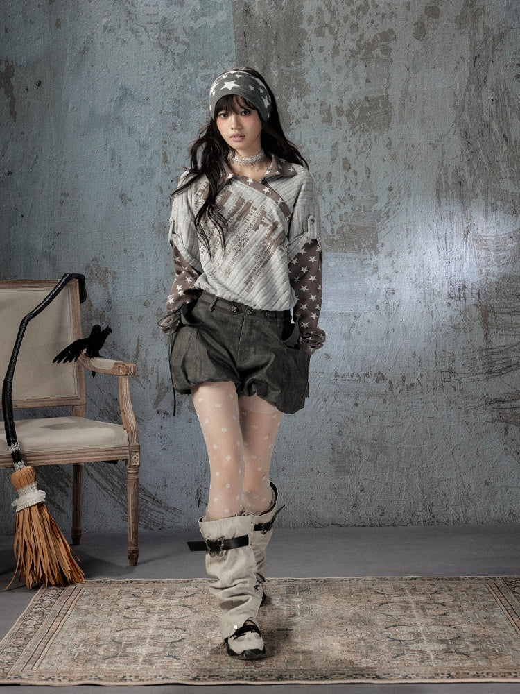 Asymmetrical Star Patchwork Fake Two-Piece Long-Sleeve T-Shirt【s0000018588】