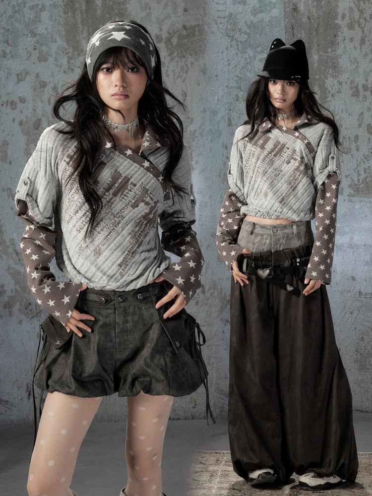 Asymmetrical Star Patchwork Fake Two-Piece Long-Sleeve T-Shirt【s0000018588】
