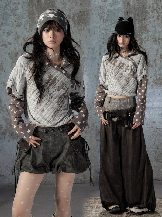 Asymmetrical Star Patchwork Fake Two-Piece Long-Sleeve T-Shirt【s0000018588】
