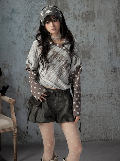 Asymmetrical Star Patchwork Fake Two-Piece Long-Sleeve T-Shirt【s0000018588】