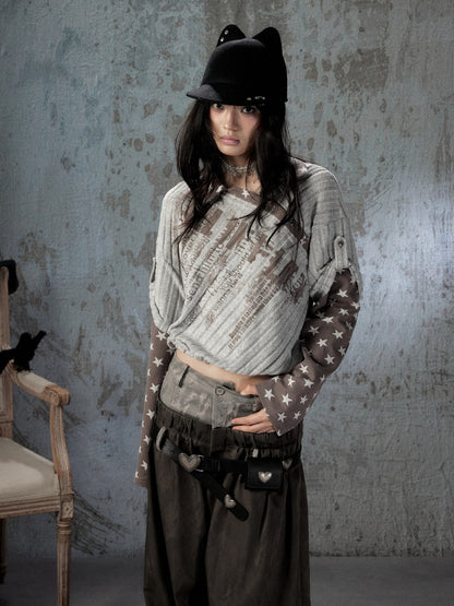 Asymmetrical Star Patchwork Fake Two-Piece Long-Sleeve T-Shirt【s0000018588】