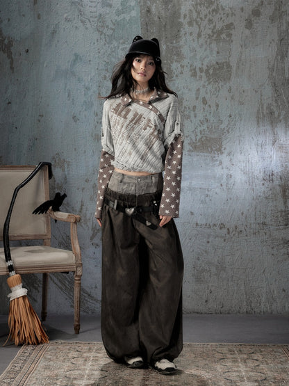 Asymmetrical Star Patchwork Fake Two-Piece Long-Sleeve T-Shirt【s0000018588】