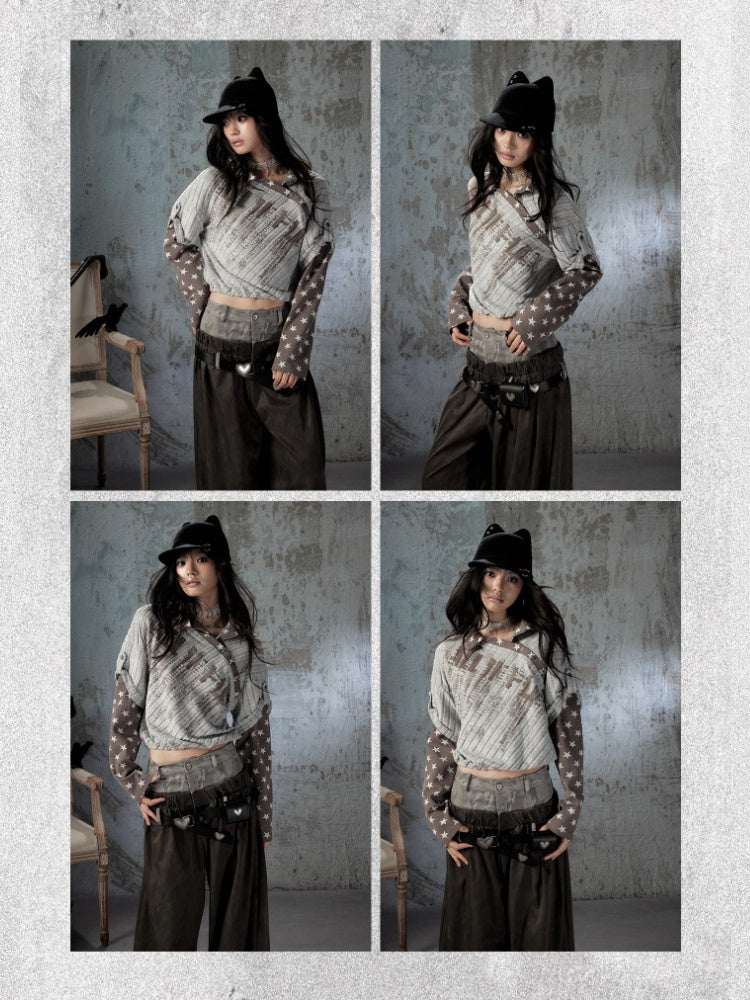 Asymmetrical Star Patchwork Fake Two-Piece Long-Sleeve T-Shirt【s0000018588】