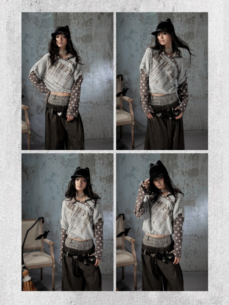 Asymmetrical Star Patchwork Fake Two-Piece Long-Sleeve T-Shirt【s0000018588】
