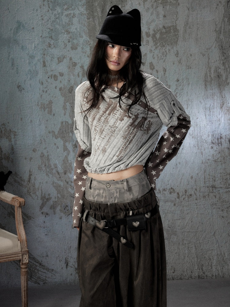 Asymmetrical Star Patchwork Fake Two-Piece Long-Sleeve T-Shirt【s0000018588】