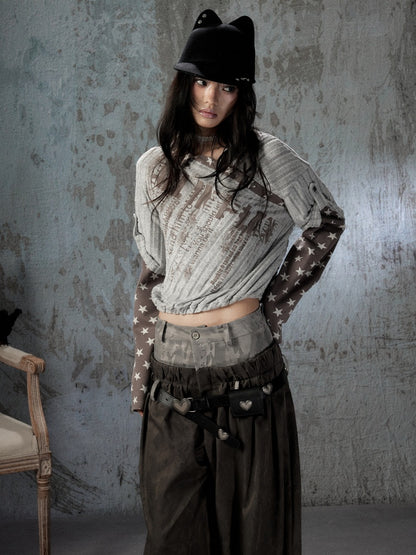 Asymmetrical Star Patchwork Fake Two-Piece Long-Sleeve T-Shirt【s0000018588】