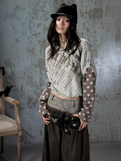 Asymmetrical Star Patchwork Fake Two-Piece Long-Sleeve T-Shirt【s0000018588】