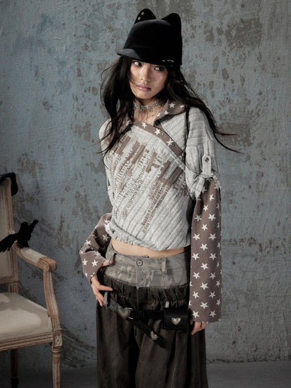 Asymmetrical Star Patchwork Fake Two-Piece Long-Sleeve T-Shirt【s0000018588】