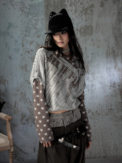 Asymmetrical Star Patchwork Fake Two-Piece Long-Sleeve T-Shirt【s0000018588】