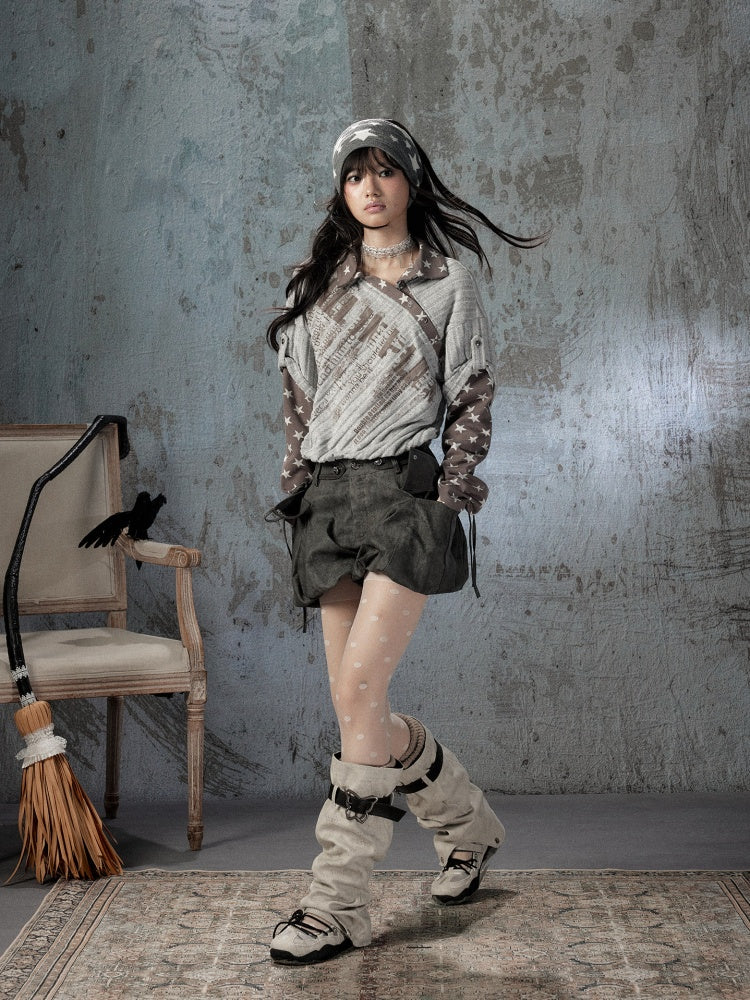 Asymmetrical Star Patchwork Fake Two-Piece Long-Sleeve T-Shirt【s0000018588】