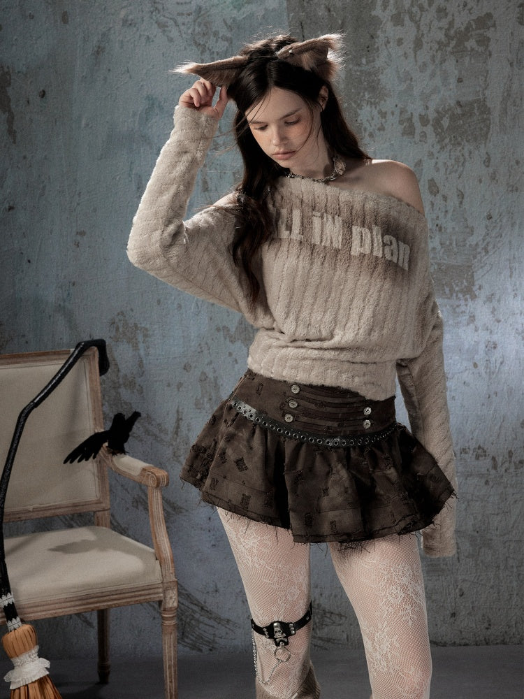 Asymmetrical Shoulder Plush Long Sleeve Tops【s0000018589】