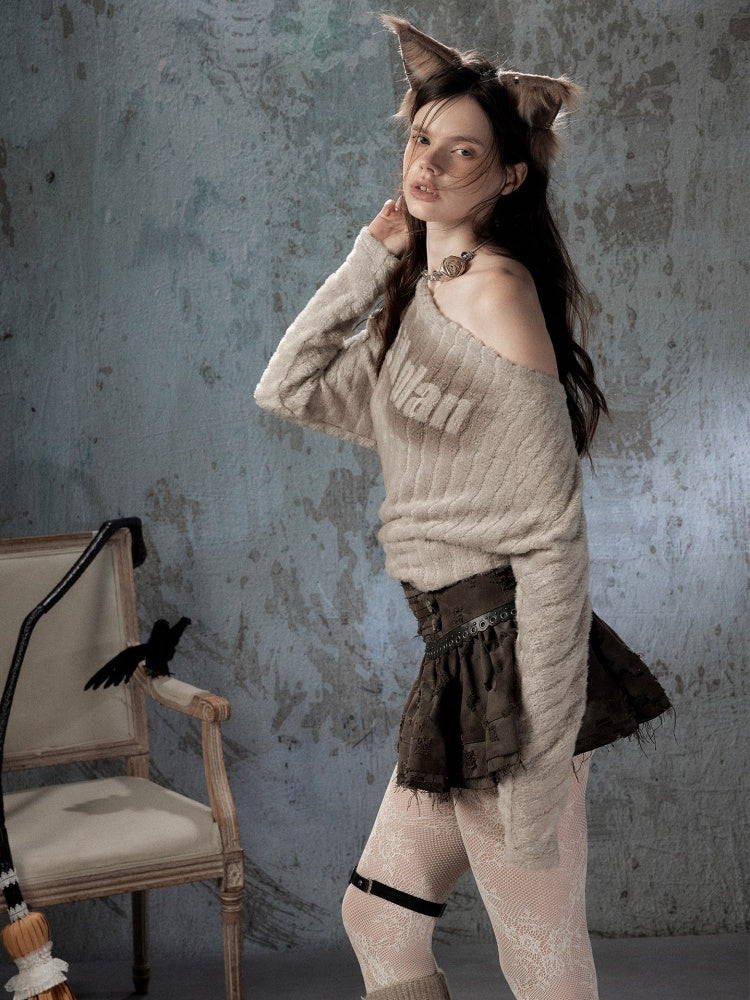 Asymmetrical Shoulder Plush Long Sleeve Tops【s0000018589】