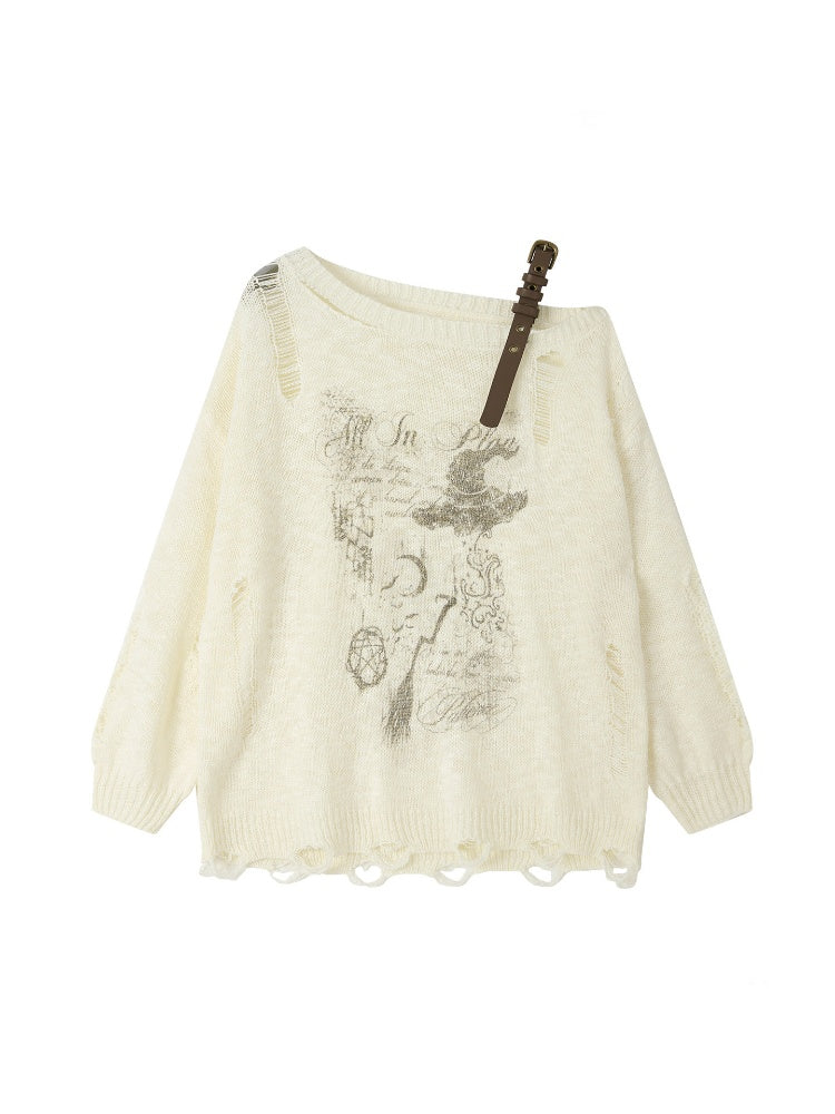 Off-Shoulder Ripped Knit Sweater【s0000018590】