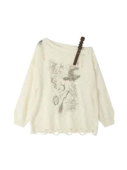 Off-Shoulder Ripped Knit Sweater【s0000018590】