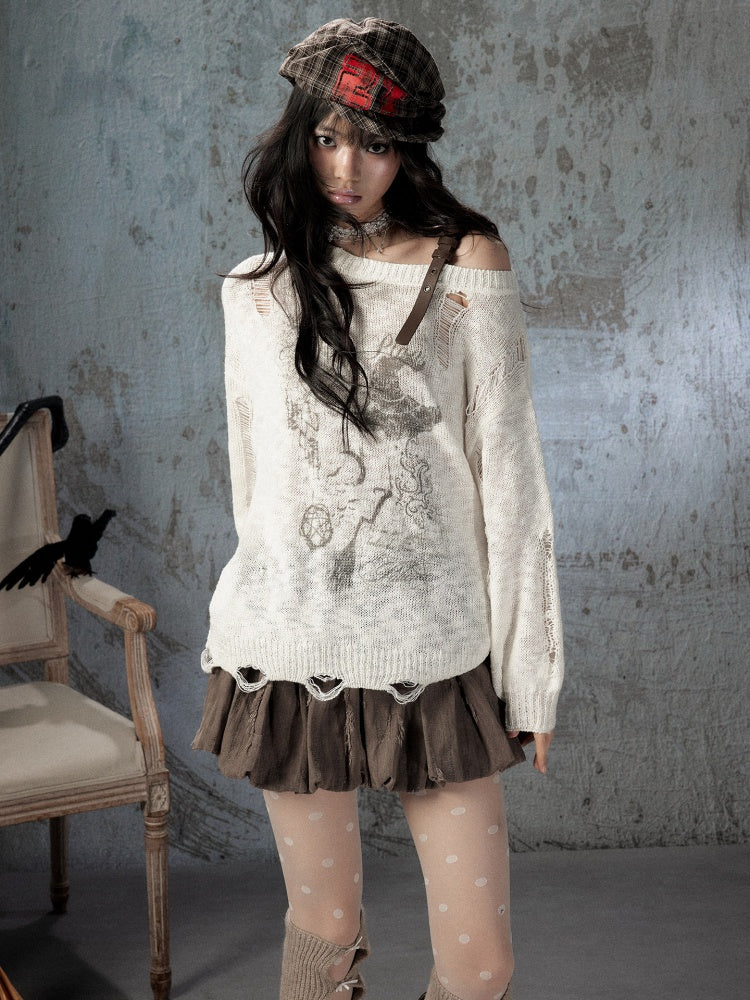 Off-Shoulder Ripped Knit Sweater【s0000018590】