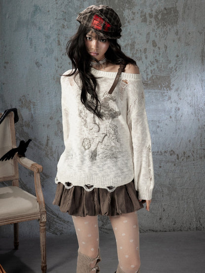 Off-Shoulder Ripped Knit Sweater【s0000018590】