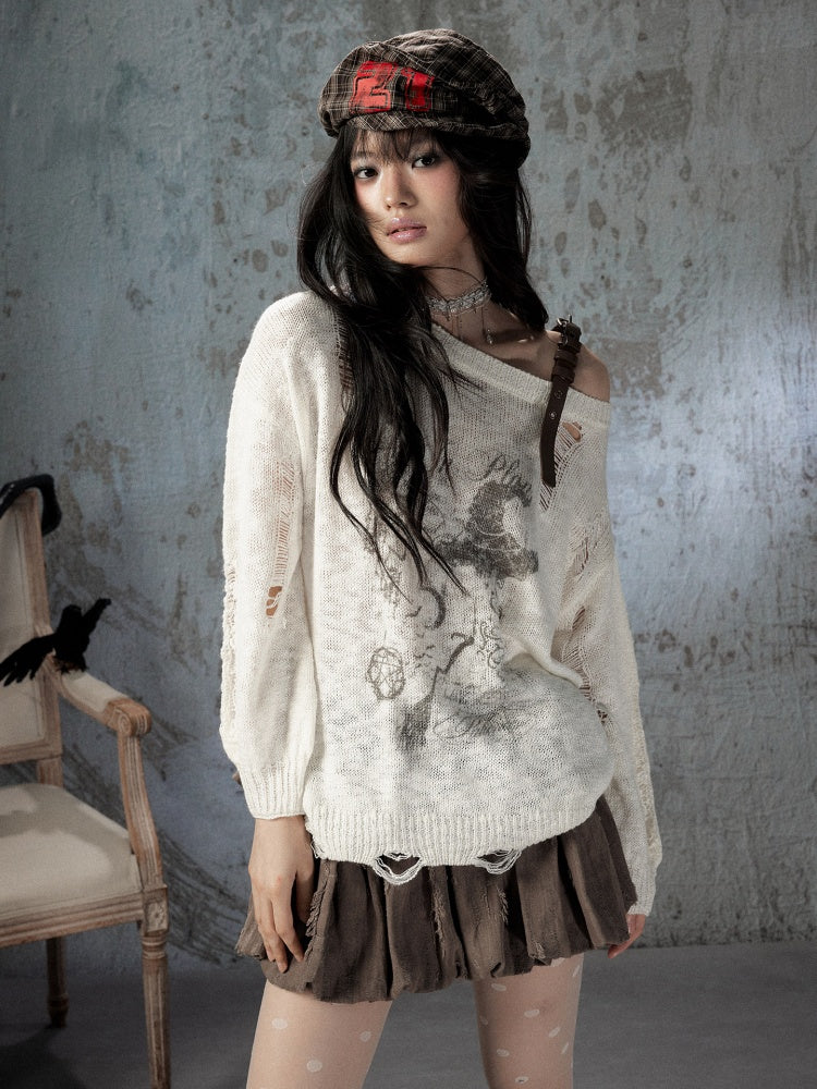 Off-Shoulder Ripped Knit Sweater【s0000018590】