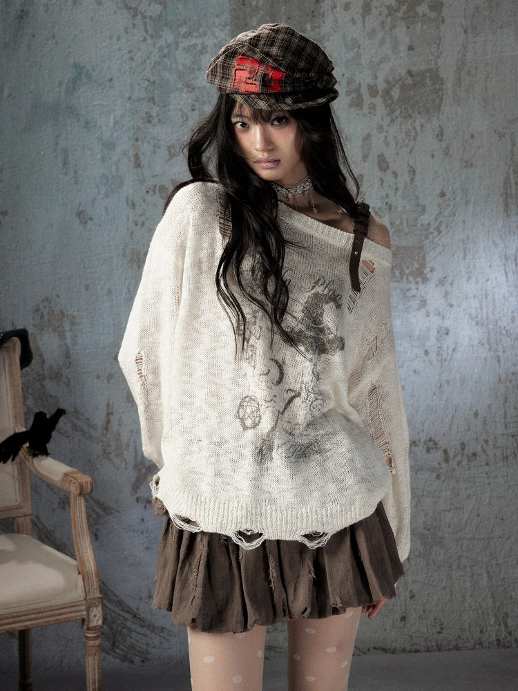 Off-Shoulder Ripped Knit Sweater【s0000018590】