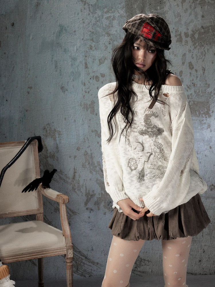 Off-Shoulder Ripped Knit Sweater【s0000018590】