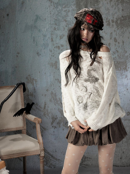 Off-Shoulder Ripped Knit Sweater【s0000018590】