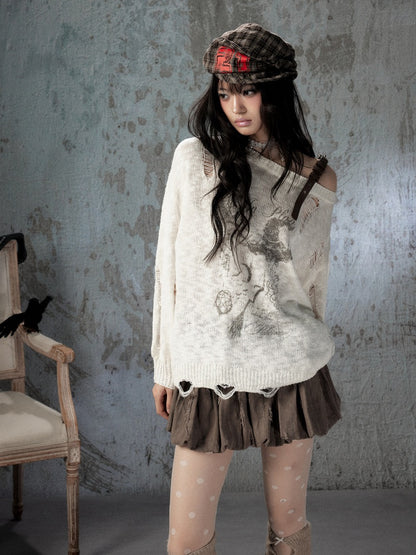 Off-Shoulder Ripped Knit Sweater【s0000018590】