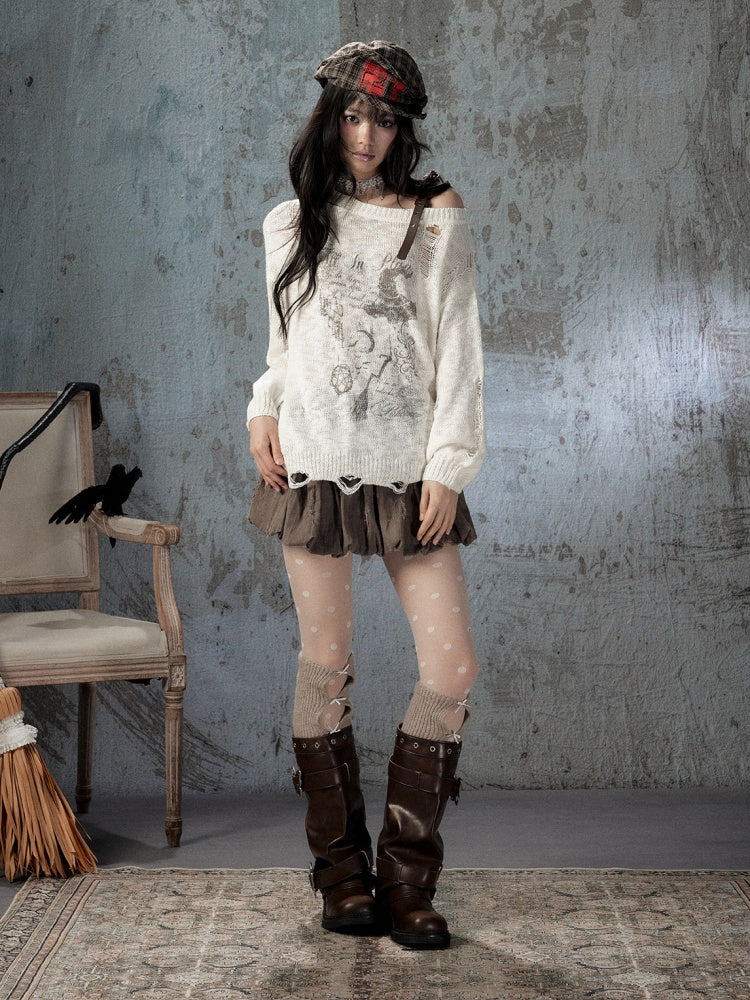 Off-Shoulder Ripped Knit Sweater【s0000018590】