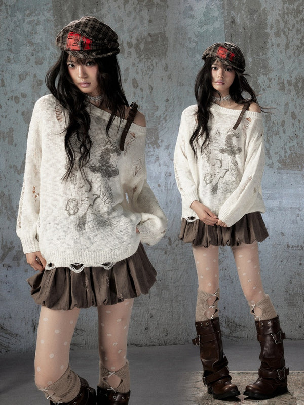 Off-Shoulder Ripped Knit Sweater【s0000018590】