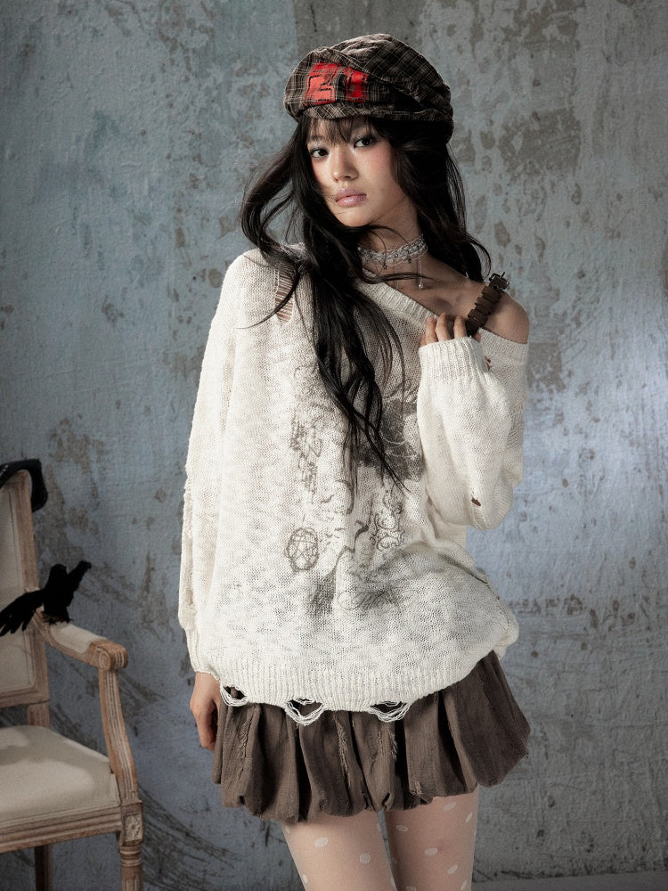 Off-Shoulder Ripped Knit Sweater【s0000018590】