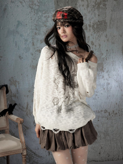 Off-Shoulder Ripped Knit Sweater【s0000018590】
