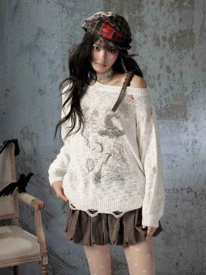 Off-Shoulder Ripped Knit Sweater【s0000018590】
