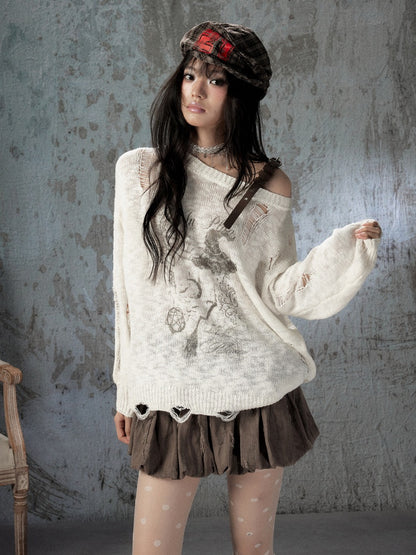 Off-Shoulder Ripped Knit Sweater【s0000018590】