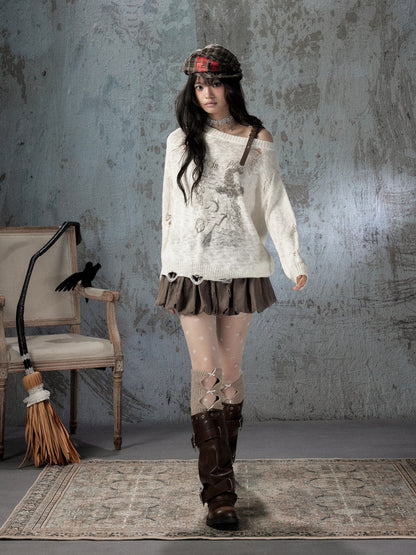 Off-Shoulder Ripped Knit Sweater【s0000018590】