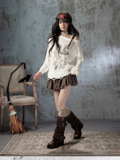 Off-Shoulder Ripped Knit Sweater【s0000018590】