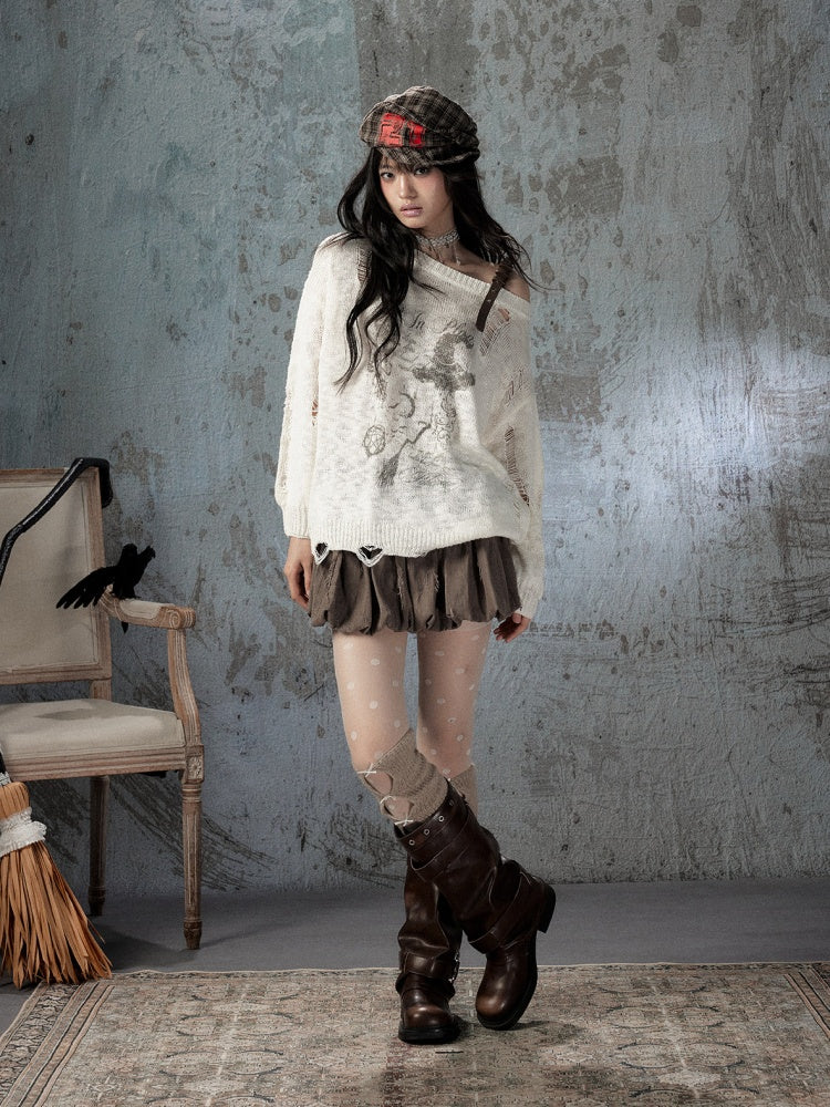 Off-Shoulder Ripped Knit Sweater【s0000018590】