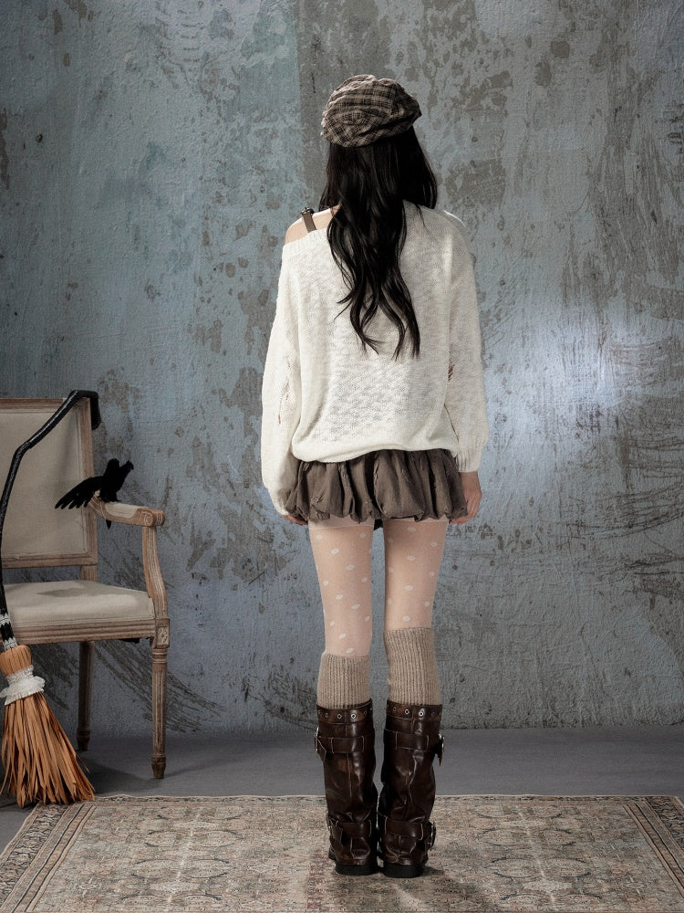 Off-Shoulder Ripped Knit Sweater【s0000018590】