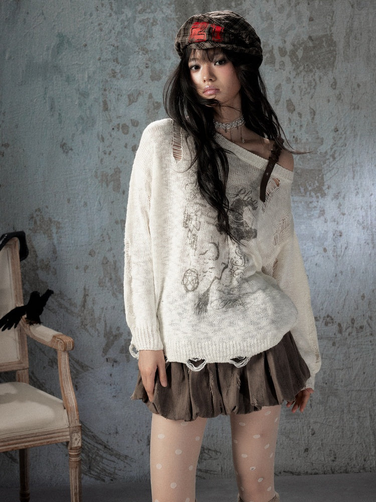 Off-Shoulder Ripped Knit Sweater【s0000018590】