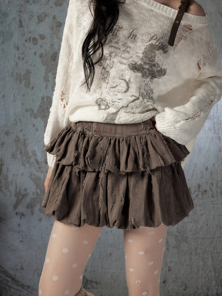 Loose Ripped Brown Bud Pleated Mini Skirt【s0000018591】