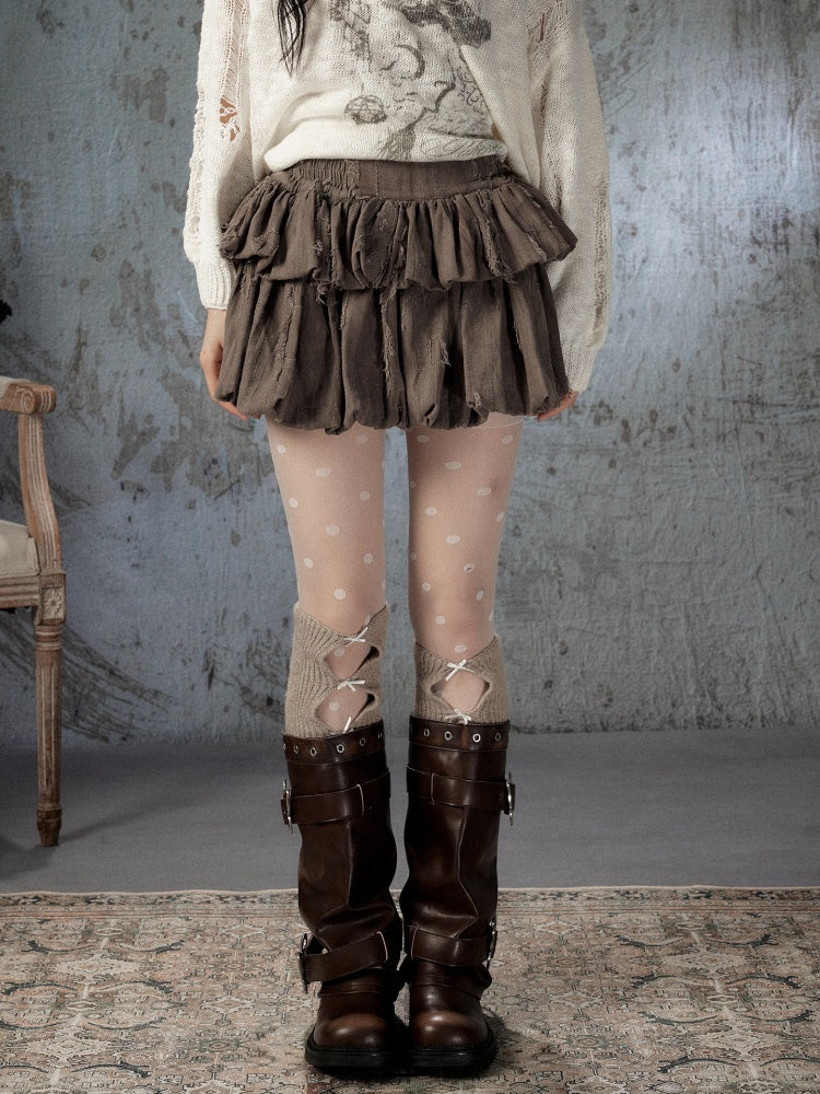 Loose Ripped Brown Bud Pleated Mini Skirt【s0000018591】