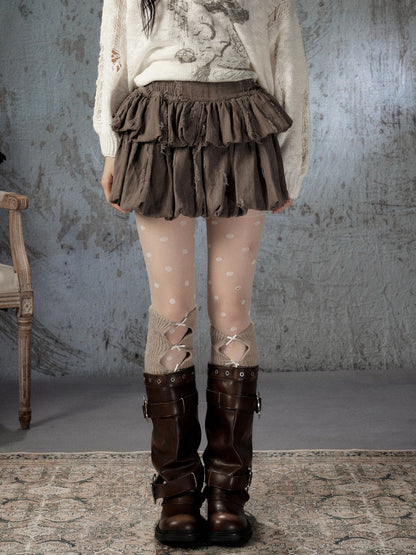 Loose Ripped Brown Bud Pleated Mini Skirt【s0000018591】