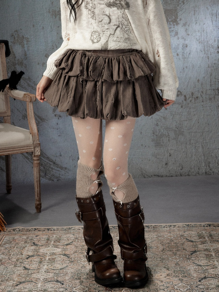 Loose Ripped Brown Bud Pleated Mini Skirt【s0000018591】