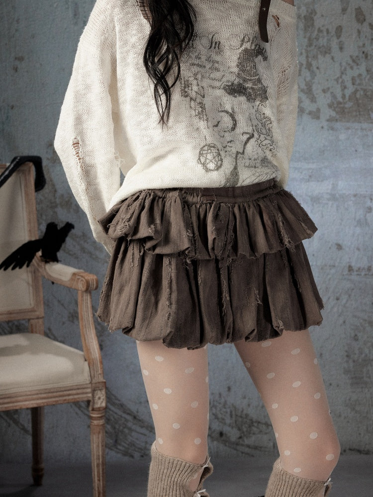 Loose Ripped Brown Bud Pleated Mini Skirt【s0000018591】