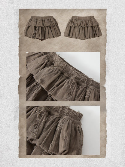 Loose Ripped Brown Bud Pleated Mini Skirt【s0000018591】
