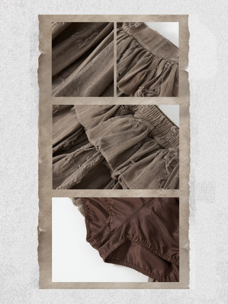 Loose Ripped Brown Bud Pleated Mini Skirt【s0000018591】