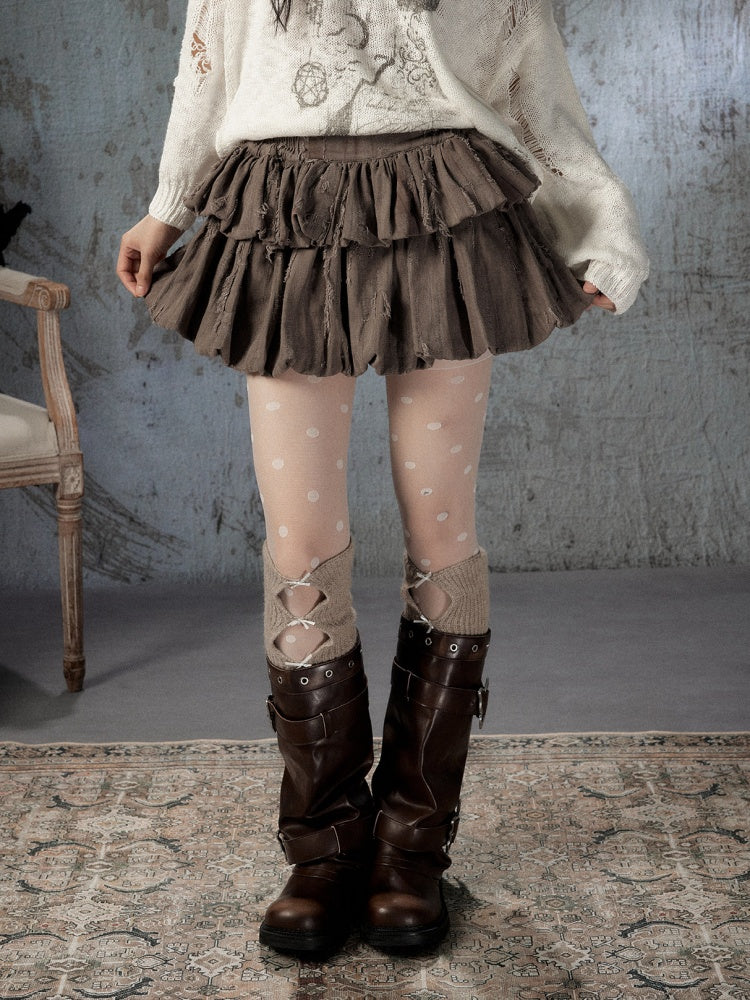 Loose Ripped Brown Bud Pleated Mini Skirt【s0000018591】