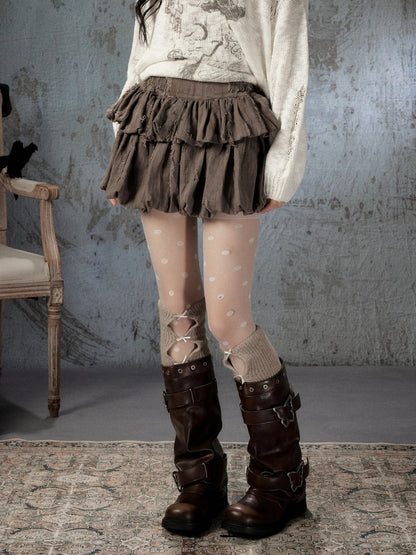 Loose Ripped Brown Bud Pleated Mini Skirt【s0000018591】