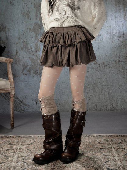 Loose Ripped Brown Bud Pleated Mini Skirt【s0000018591】