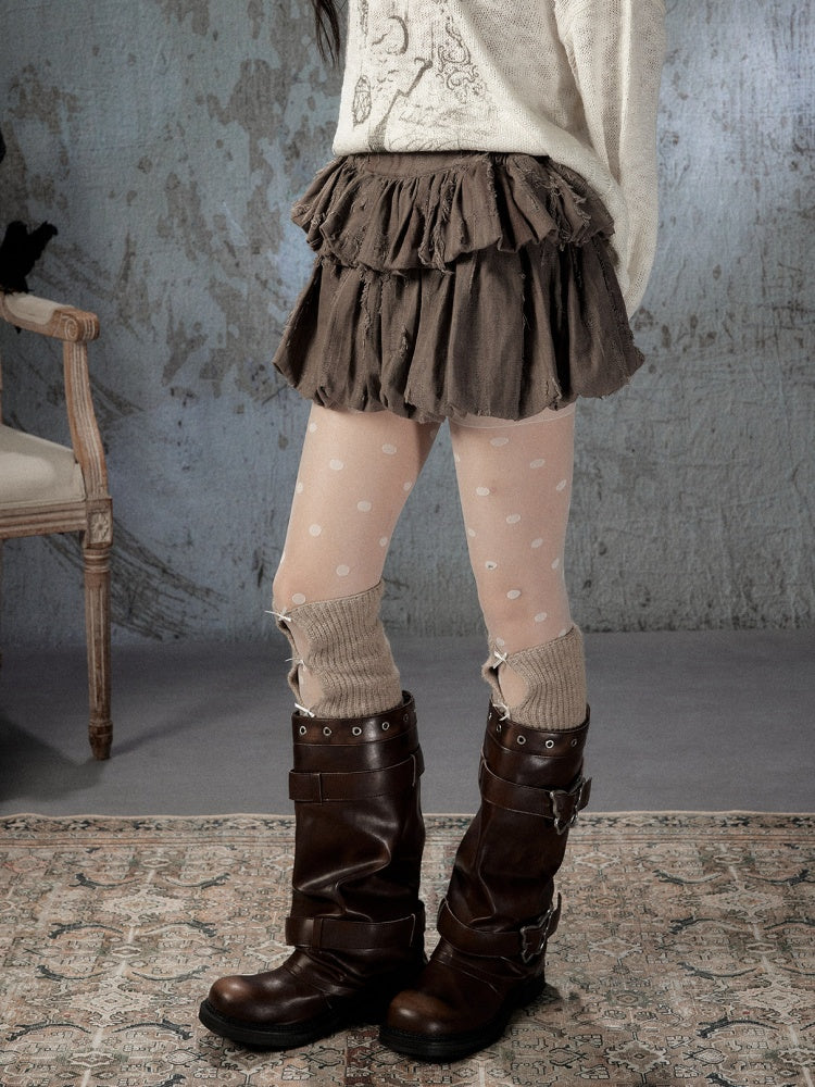Loose Ripped Brown Bud Pleated Mini Skirt【s0000018591】